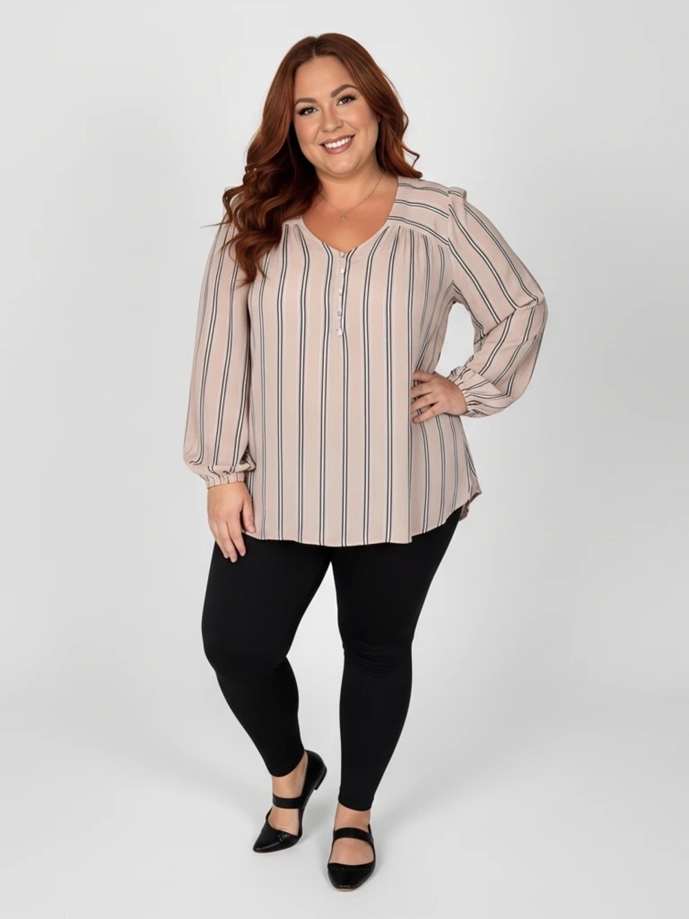 Liz Claiborne Petite XL Pink Striped V-Neck Blouse High Low Hem Long Sleeve